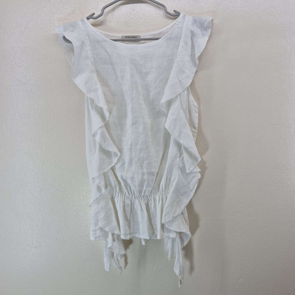 Gigi‎ Moda Linen Top Womens Small White Ruffles Made in Italy